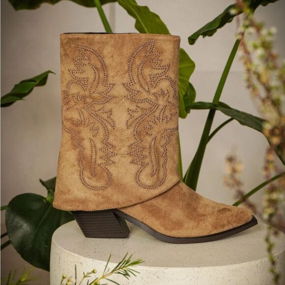 Azalea Wang Shoes - NIB AZALEA WANG Portabella Faux Suede Fold Over Western Booties in Tan Rose Gold